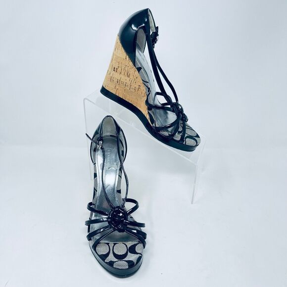 Coach Joslin Black Open-Toe Cork Heel Wedge Sandals Women's 7M - Great Condition - Picture 1 of 11